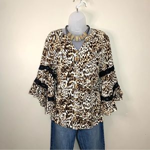 Cato Leopard Print Tunic Top Bell Sleeves Crochet Detail Flowy Boho Blouse Sz L